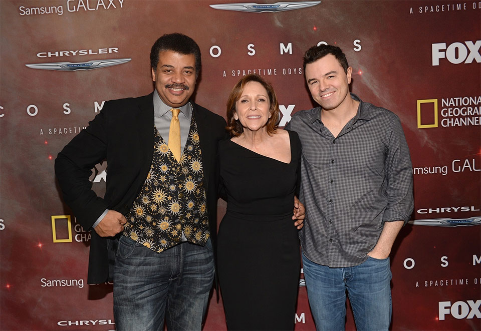 Neil DeGrasse Tyson com Ann Druyan e Seth MacFarlane