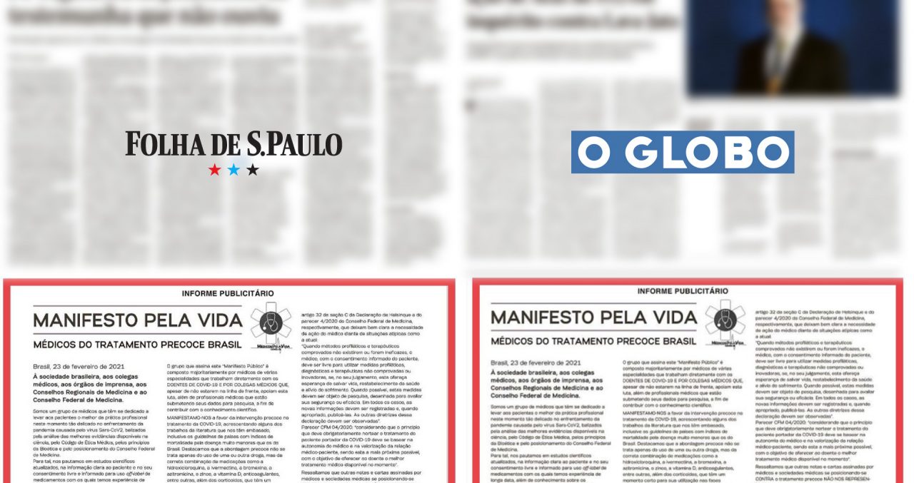 "Informe publicitário" negacionista nos jornais O Globo e Folha atesta divisão entre editorial e comercial