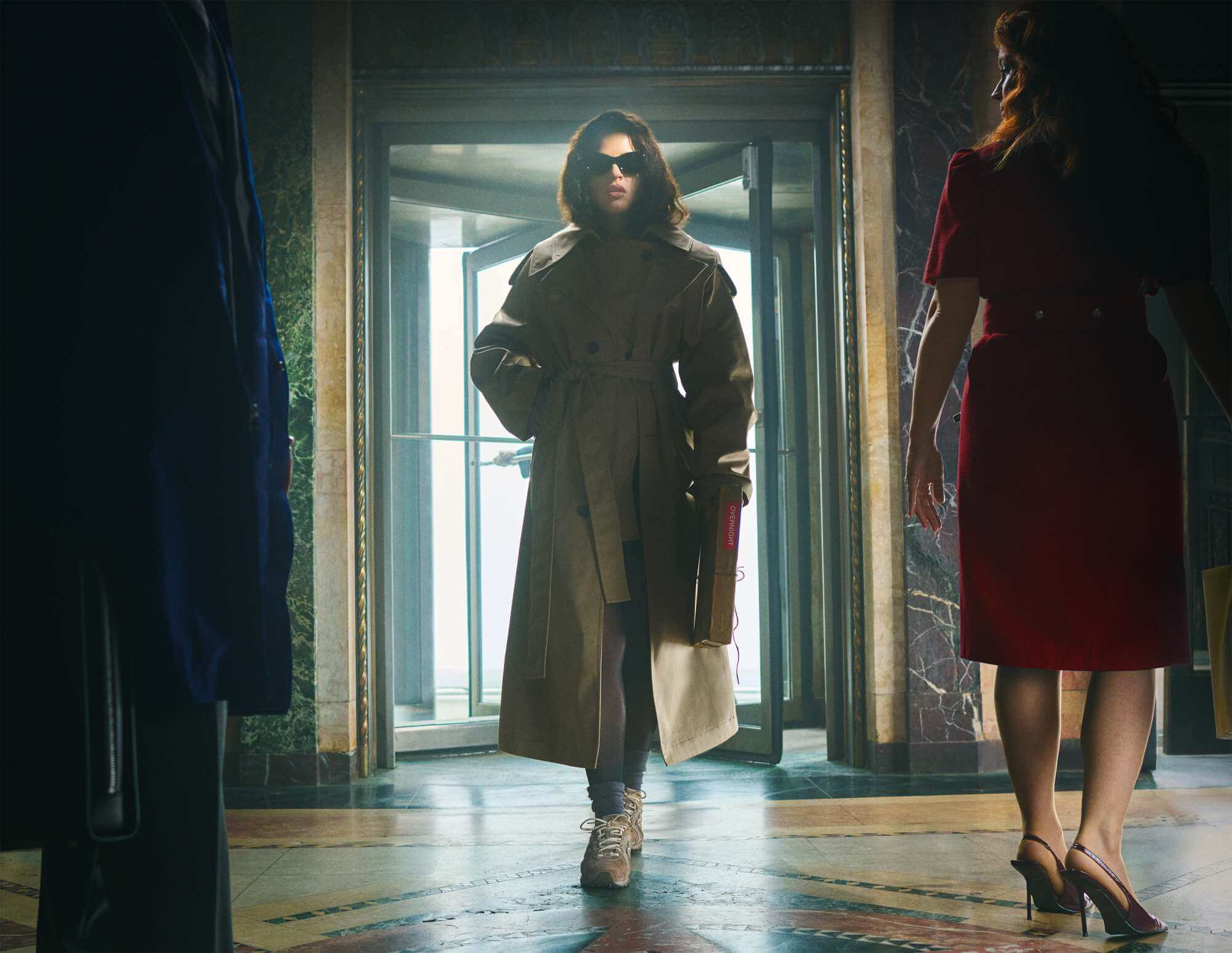  Clothing, Coat, Adult, FemAle, Person, Woman, Lady, Footwear, Shoe, Overcoat, High Heel, Accessories, Glasses, Gun, Weapon