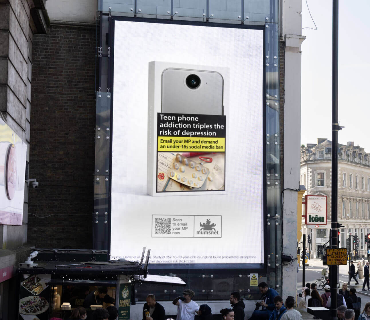  Advertisement, City, Architecture, Building, Poster, Person, Urban, Electronics, Mobile Phone, Phone, Bus Stop, Outdoors, QR Code