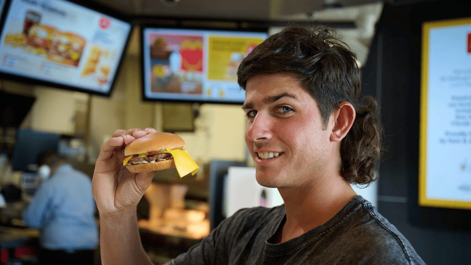 burger, Food, Head, Person, face, Adult, Male, Man, Computer Hardware, Electronics, hardware, monitor, Screen, Eating